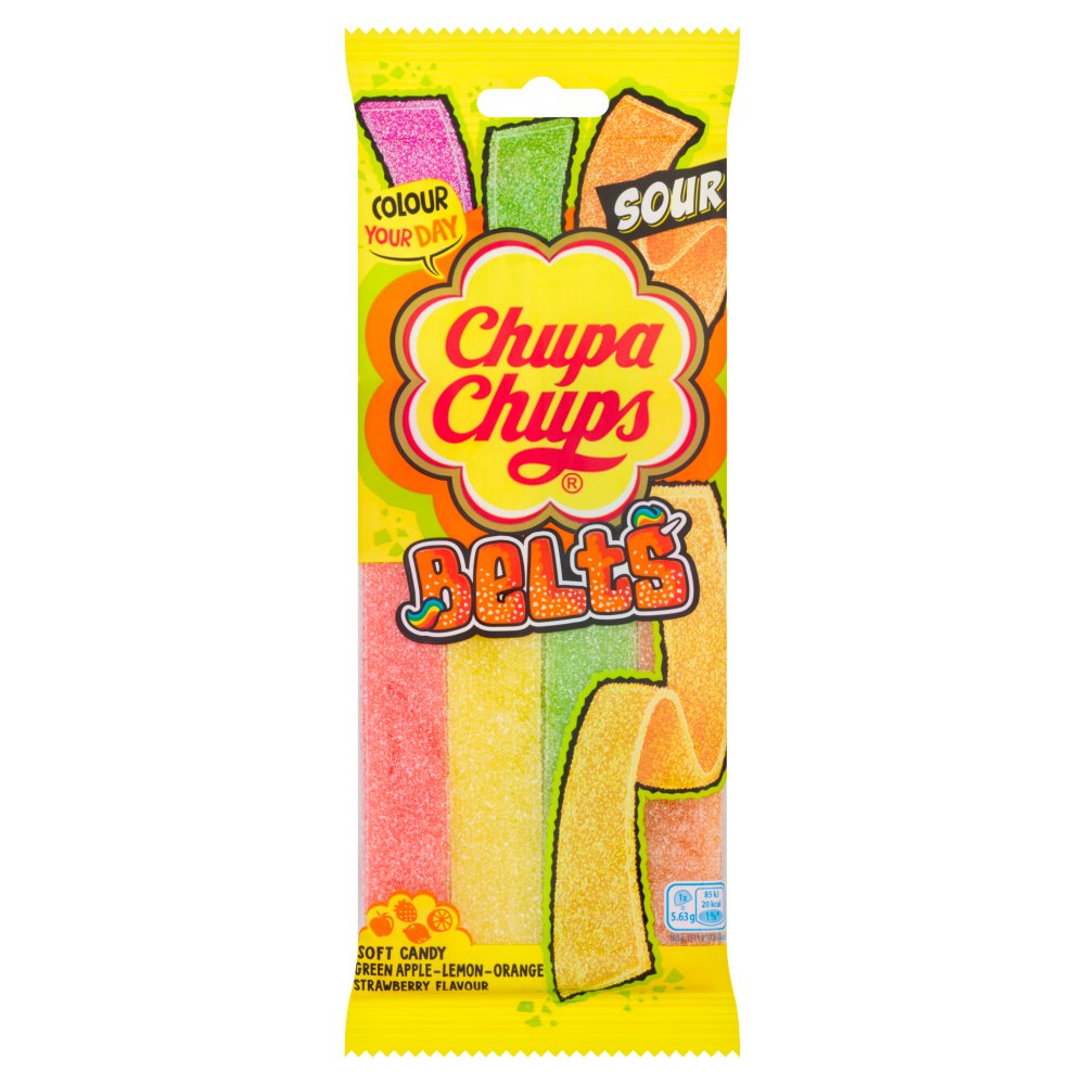 Chupa Chups Green Apple-Lemon-Orange Strawberry Flavour Soft Candy Belts 100g